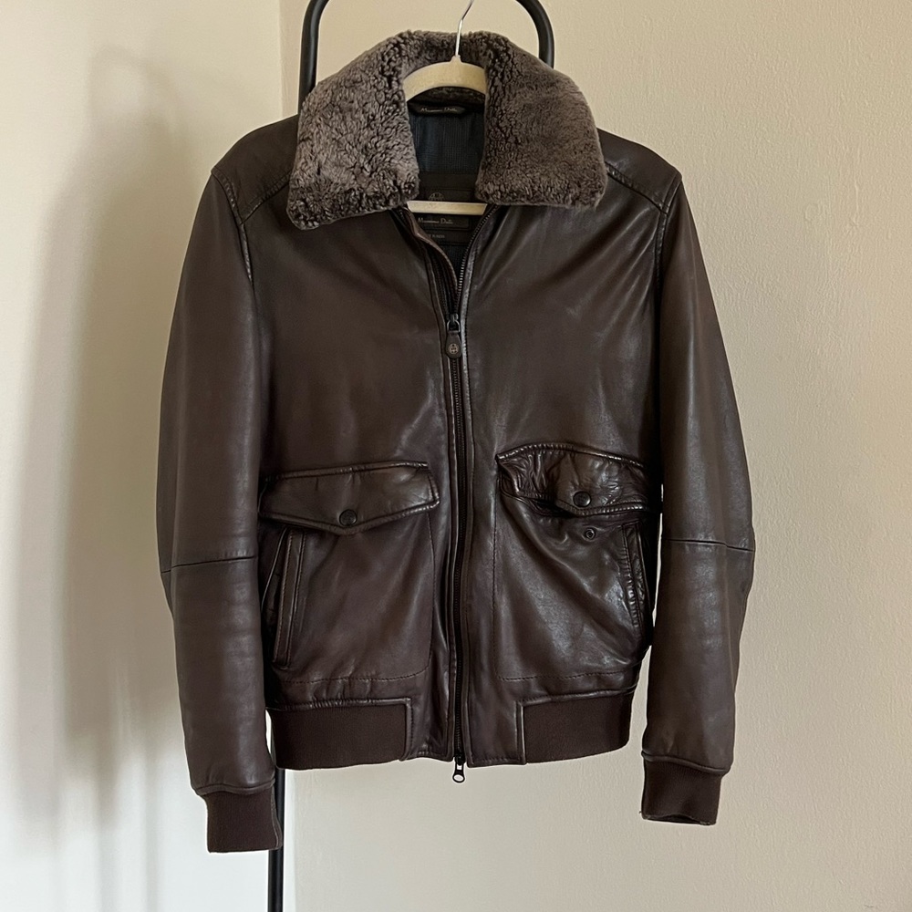 Massimo Dutti Mens ‘Small’ leather bomber jacket with removable sheepskin trim.